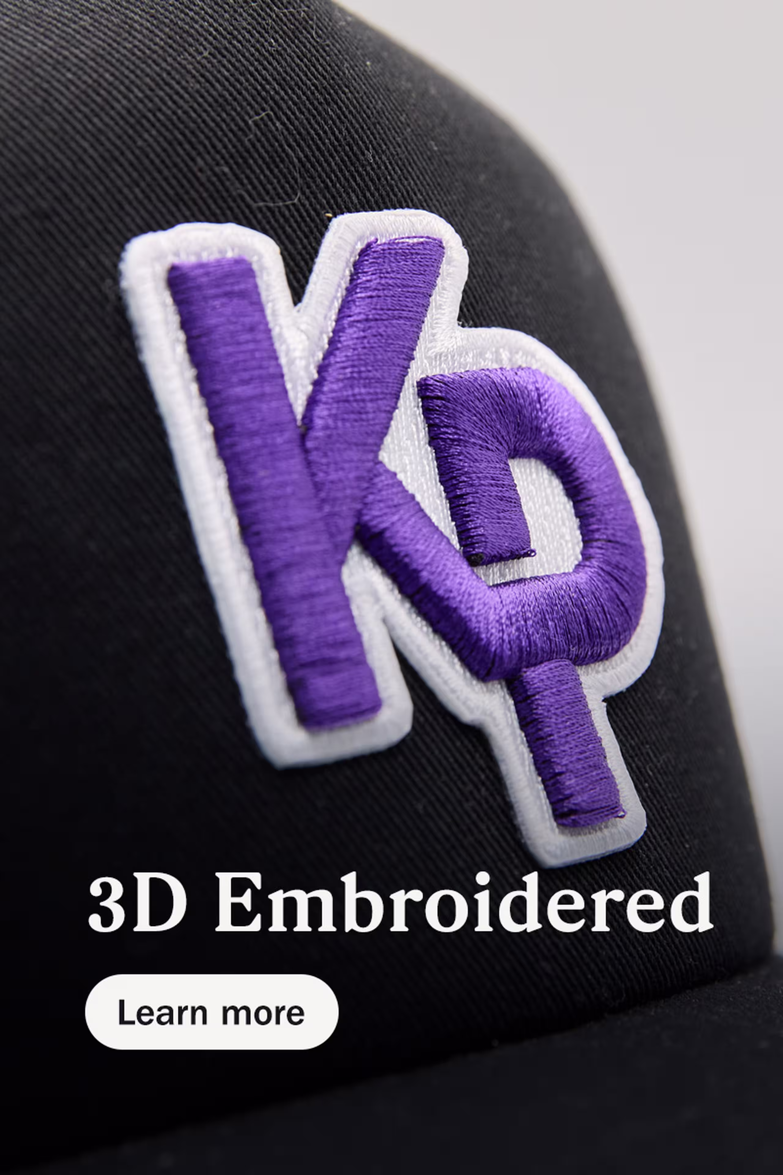 3d embroidered - learn more - purple k p monogram with white background