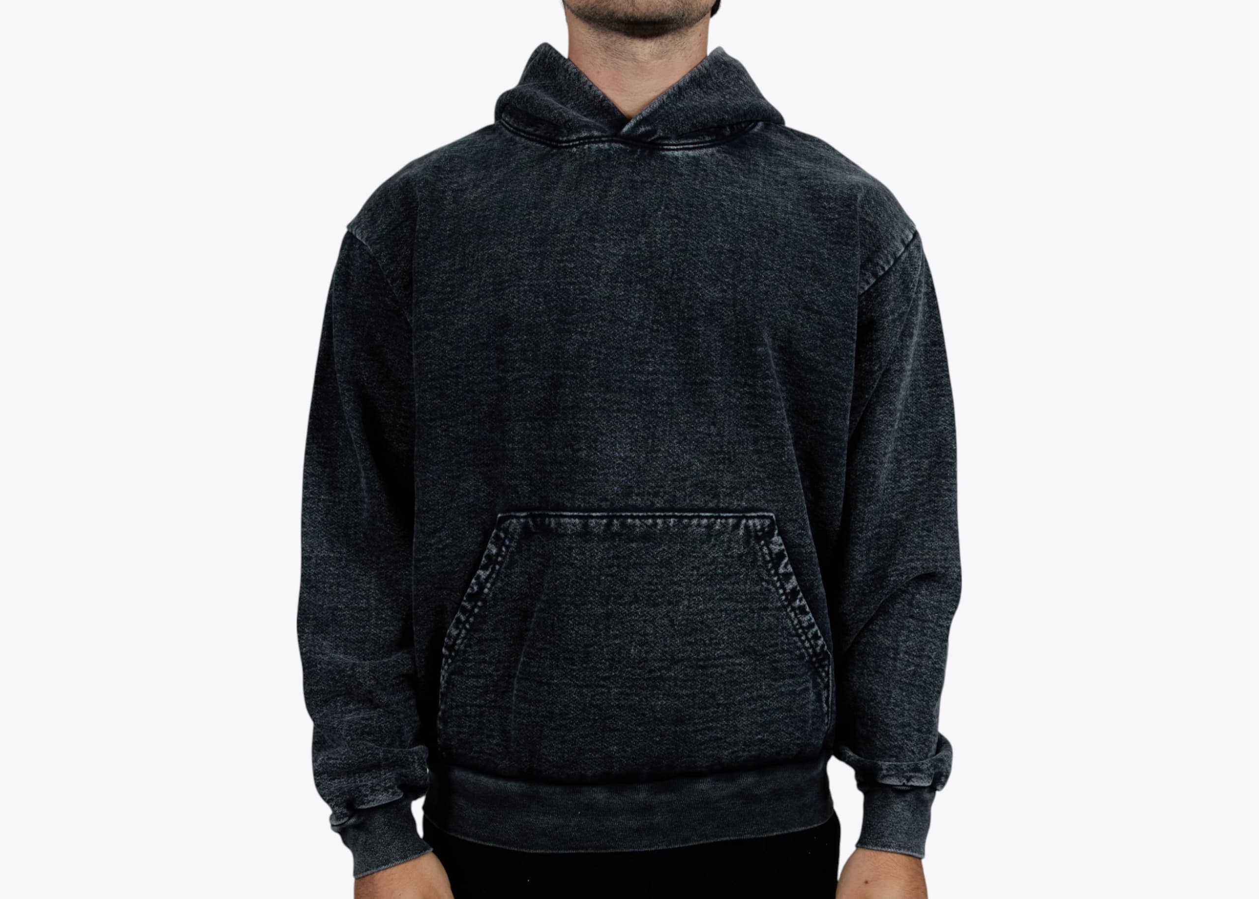 Los Angeles Apparel HF09MW Mineral Wash Heavy Fleece Hooded Pullover Sweatshirt in Carbon Black (model:male, size:medium, view:front)