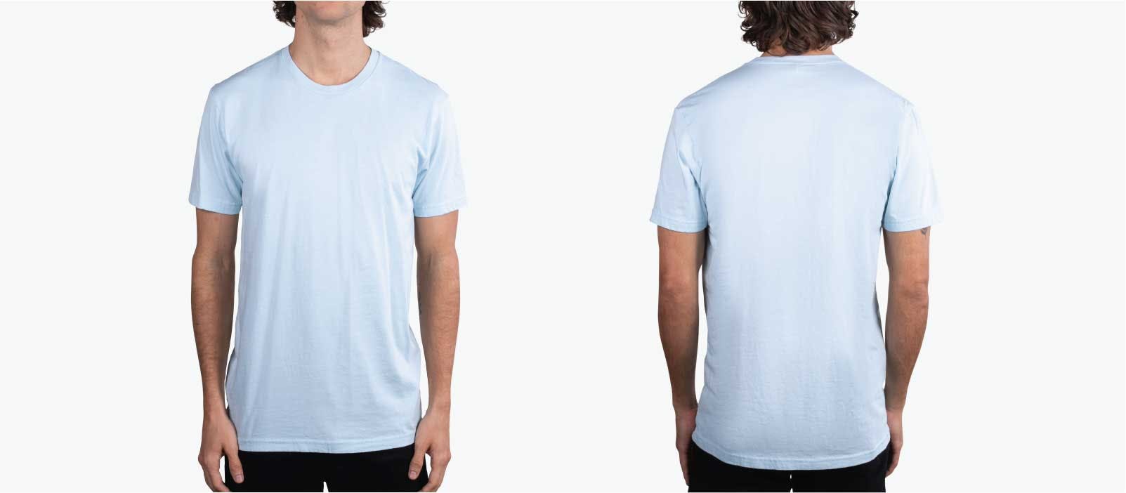 front and back modeling of light blue t-shirt front and back modeling of light blue t-shirt