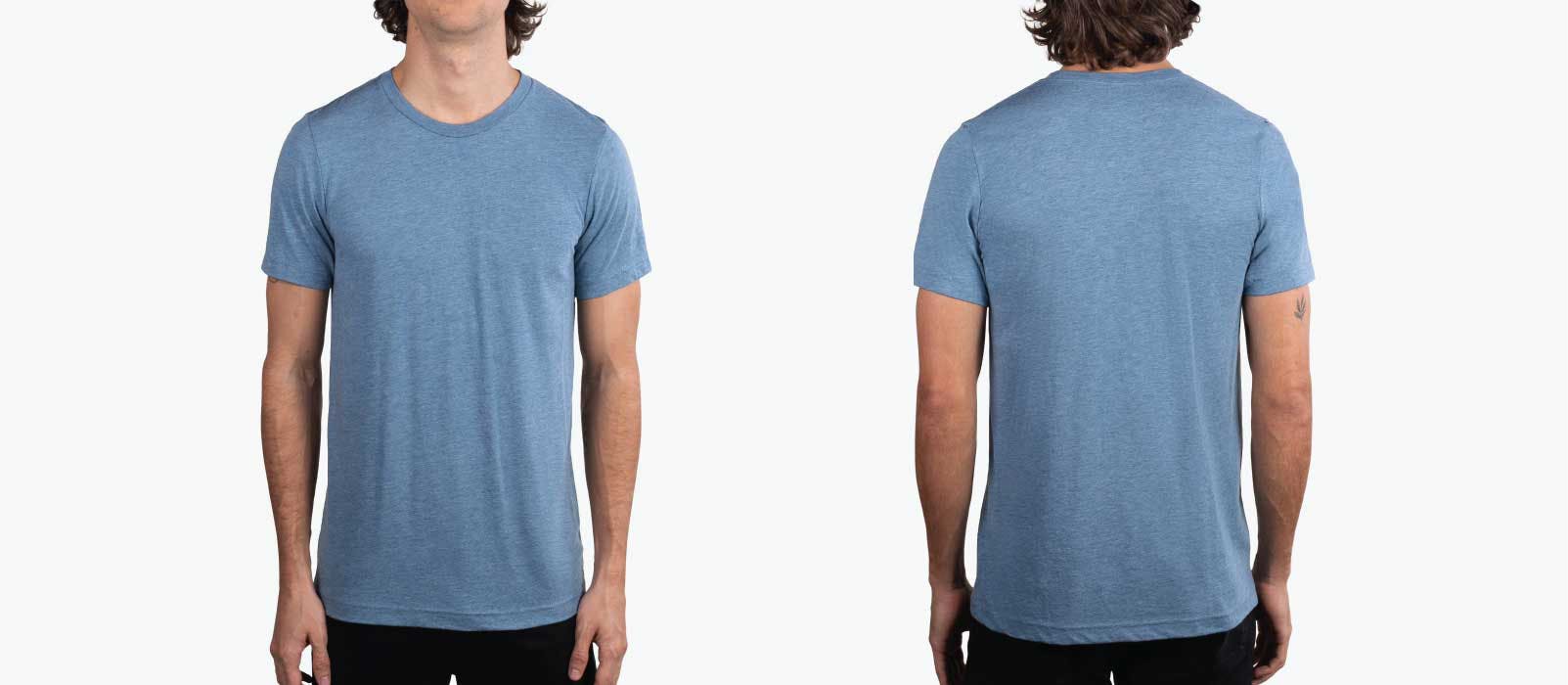 man wearing front and back of steel blue shirt man wearing front and back of steel blue shirt