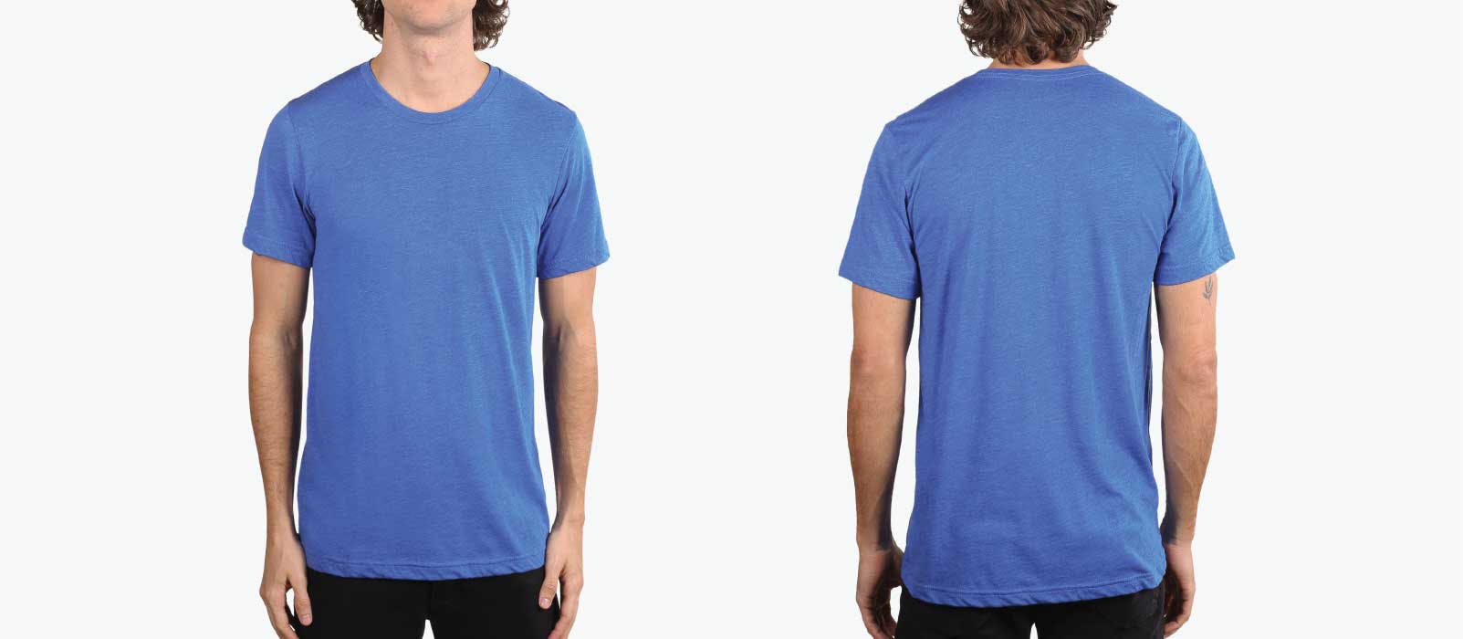 man showing front and back of denim trim-blend shirt man showing front and back of denim trim-blend shirt