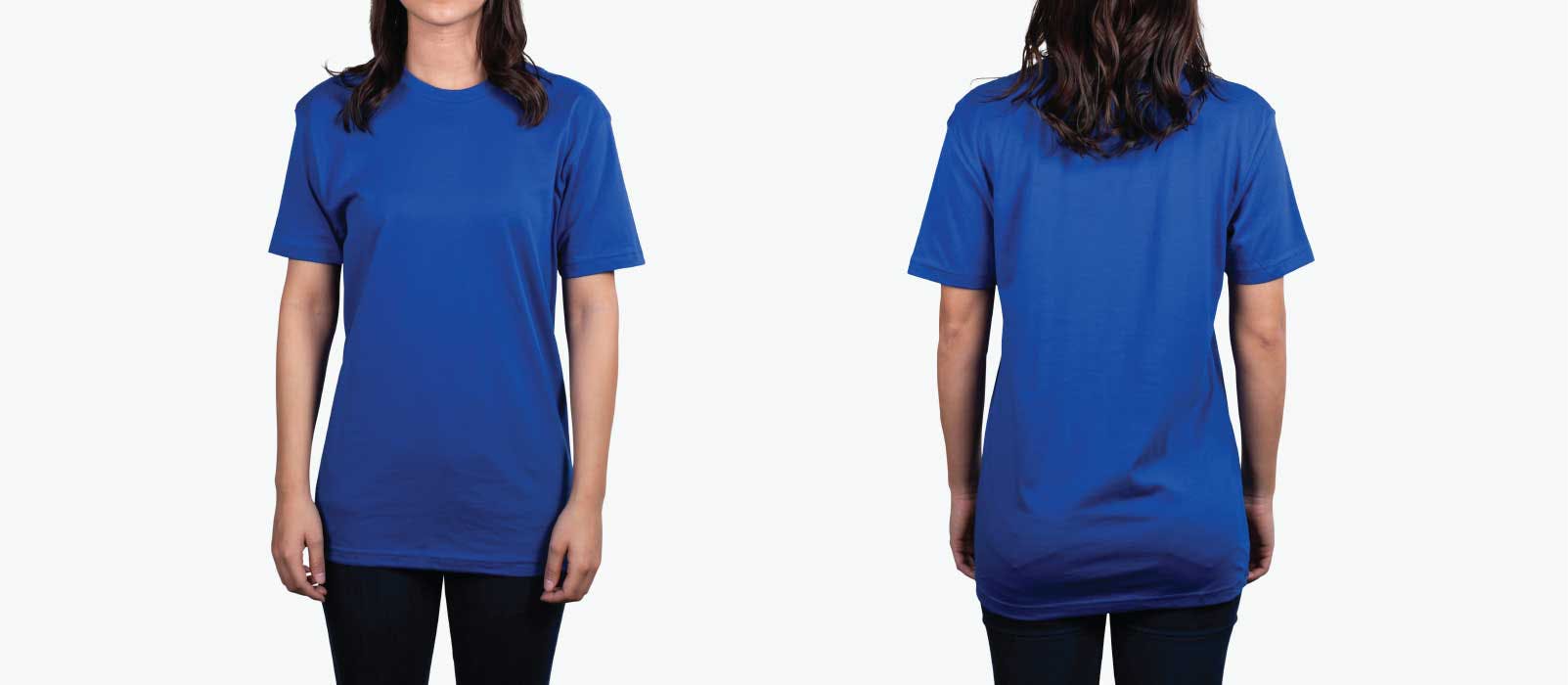 woman wearing royal blue shirt front and back woman wearing royal blue shirt front and back