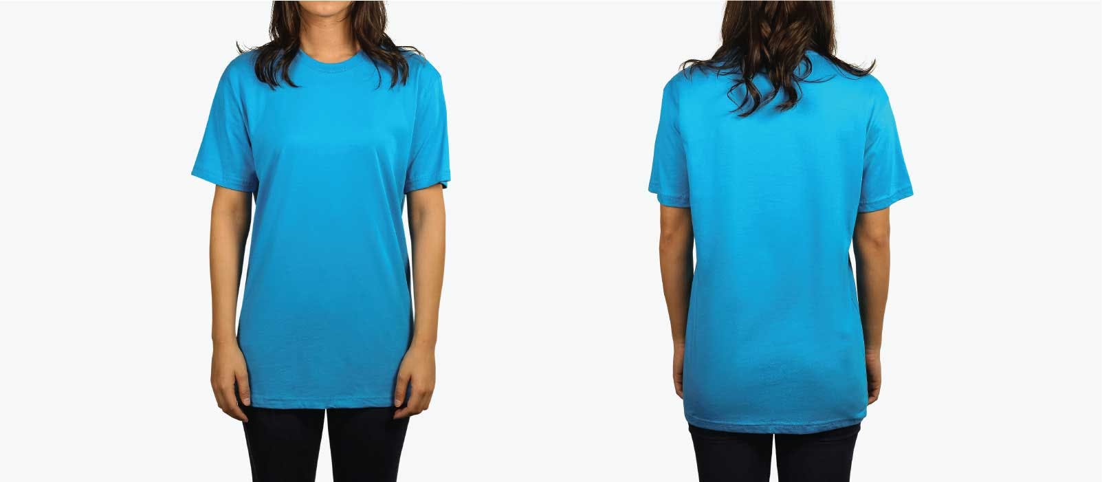 front and back model of woman wearing turquoise shirt front and back model of woman wearing turquoise shirt